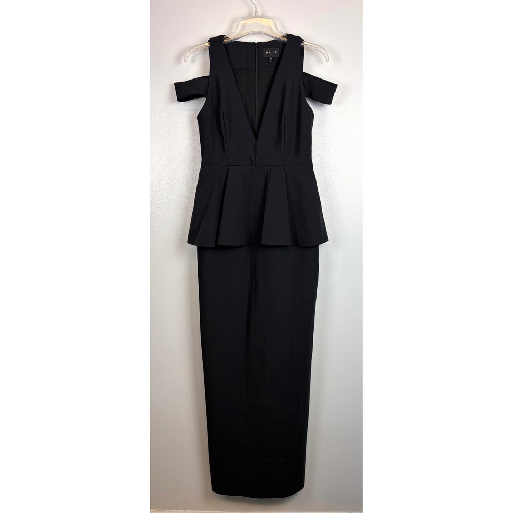 Milly Black Cold Shoulder Peplum Deep VNeck Gown Dress 6 Baddie Formal Event LBD